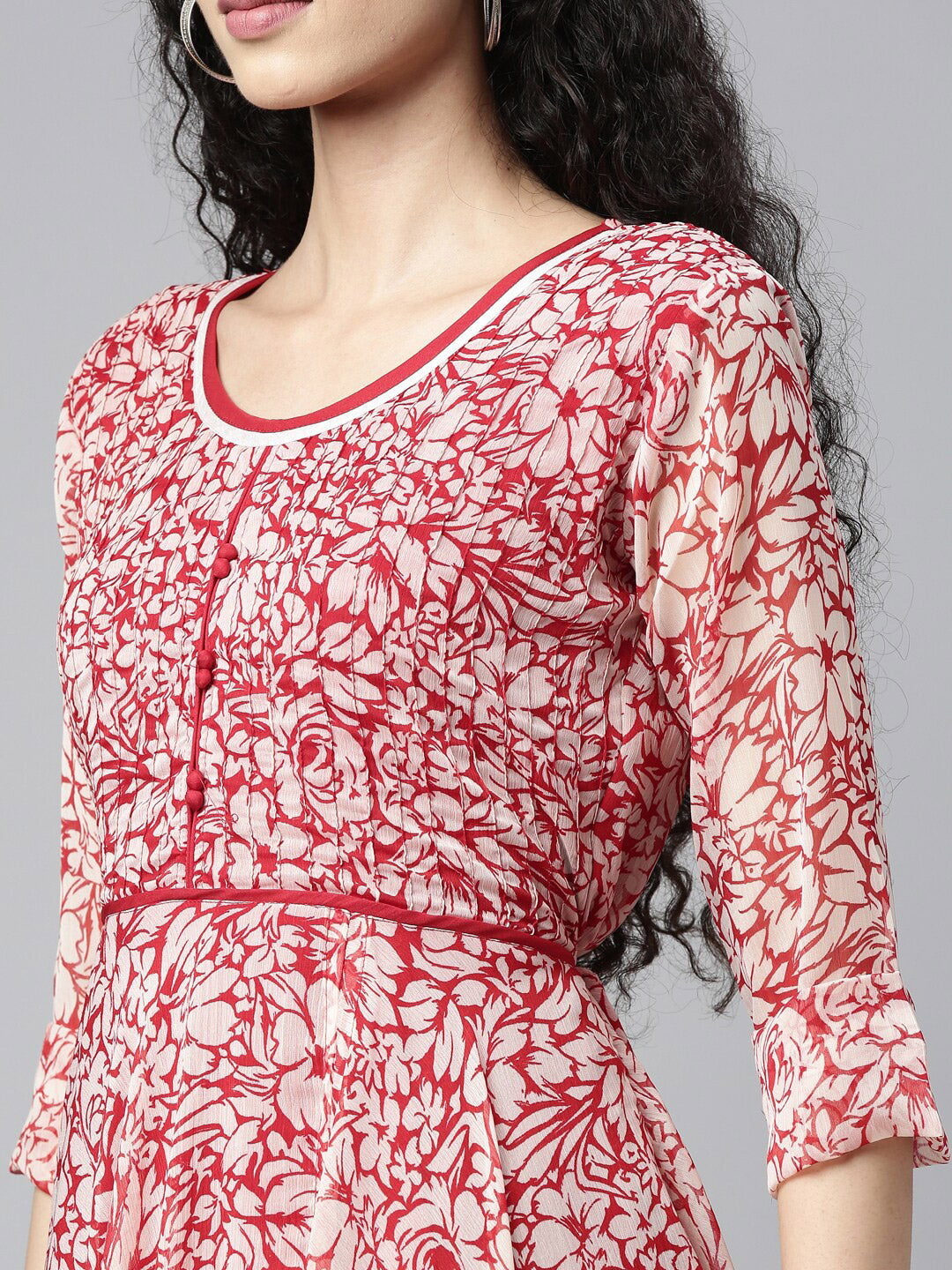 Souchii White & Red Floral Layered Chiffon Beautiful Midi Dress 