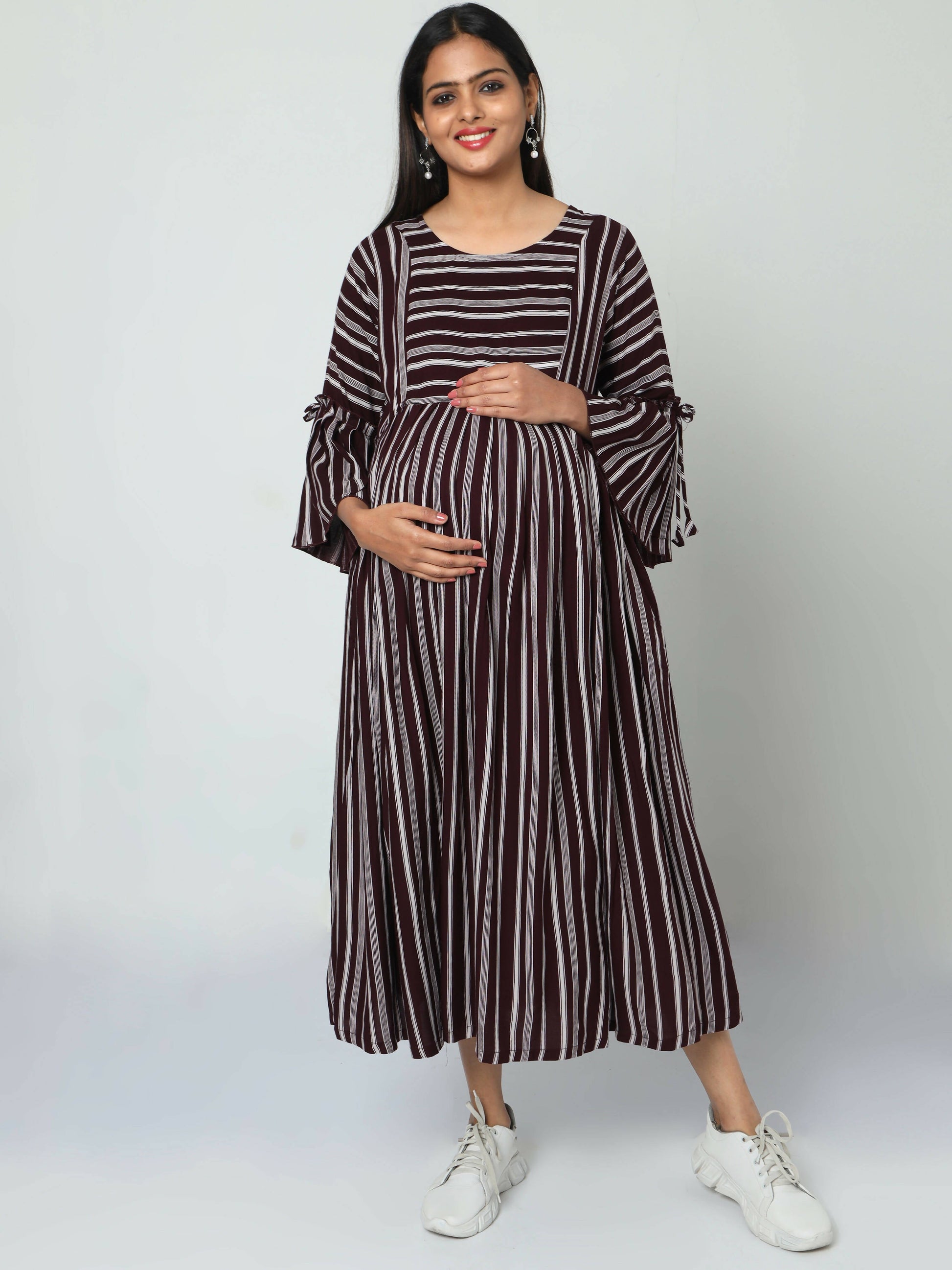 Manet Three Fourth Maternity Dress Striped With Concealed Zipper Nursing Access - Brown