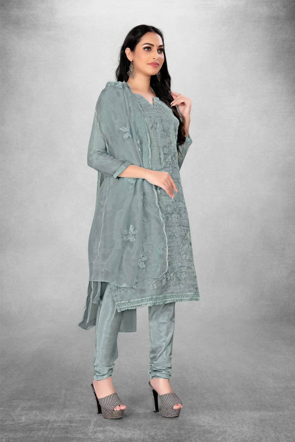 Grey Heavy Organza Silk Embroidered Unstitched Dress Material - Amara