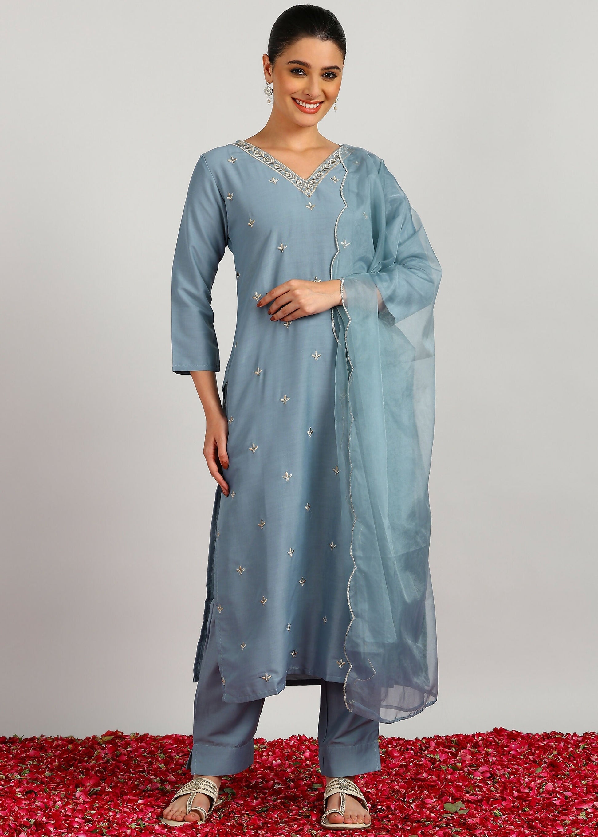 Aavyora Women's Sky Grey Embroidered Kurta Set with Dupatta | Grab2Buy