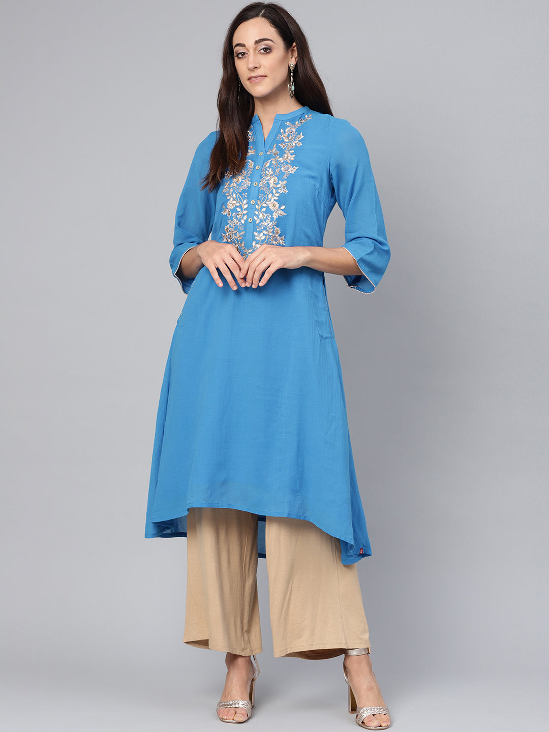 Biba Women Blue Floral Yoke Design Gotta Patti A-Line Kurta | Grab2Buy