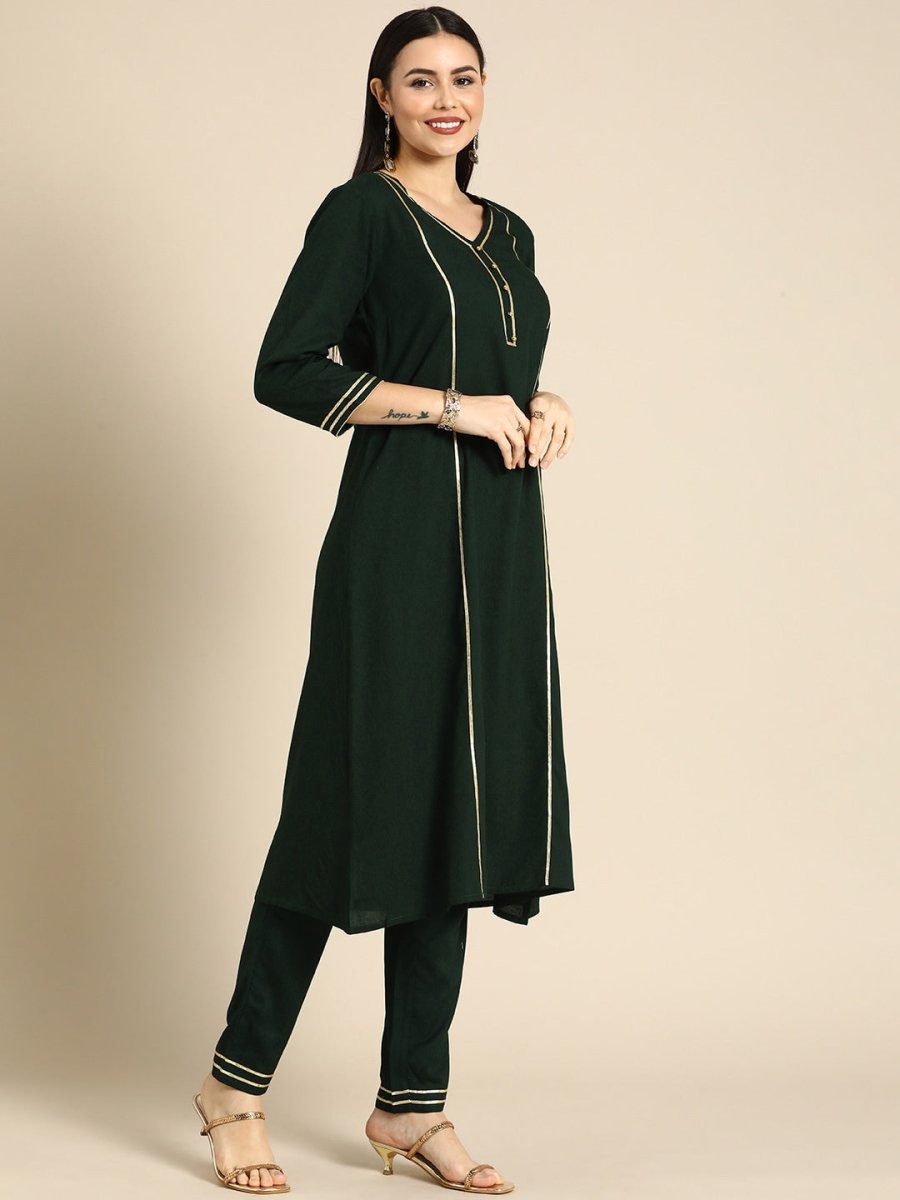 All About You Women Green & Gold-Toned Gotta Patti Kurta with Trousers & With Dupatta