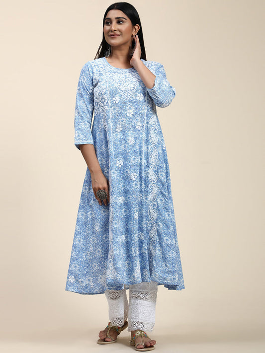 HOUSE OF KARI Floral Embroidered Chikankari Cotton Anarkali Kurta 