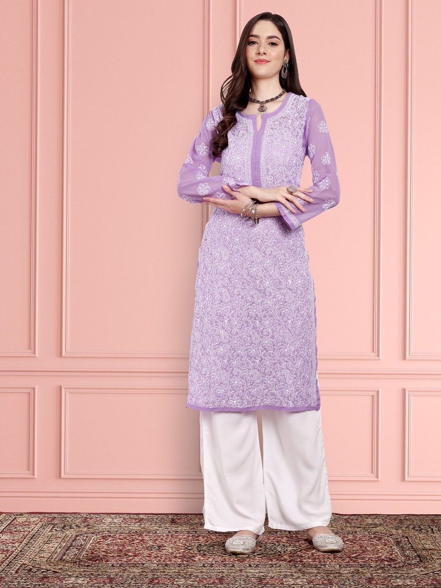 ADA Women Purple & White Ethnic Motifs Embroidered Chikankari Georgette Kurta 