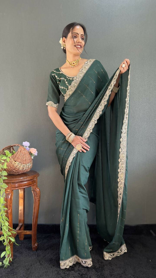 Vastranavya Sea Green Georgette Silk Swarovski & Heavy Lace Work Ready to Wear Saree