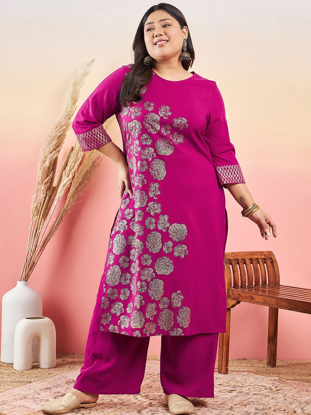 Sztori Floral Printed Round Neck Straight Kurta With Palazzo