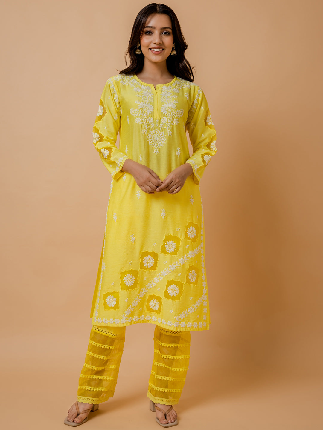 HOUSE OF KARI Ethnic Motifs Embroidered Round Neck Chikankari Chanderi Silk Kurta 