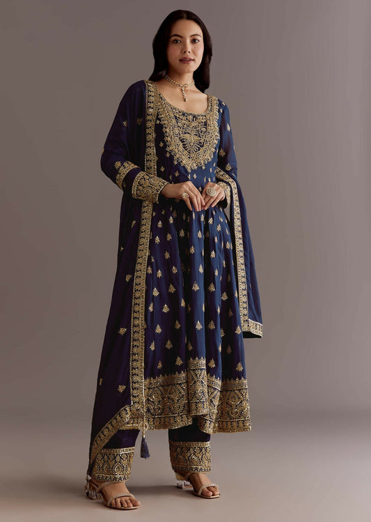 Teeya Creation Blue Color Chinnon Silk Embroidery Work Gown