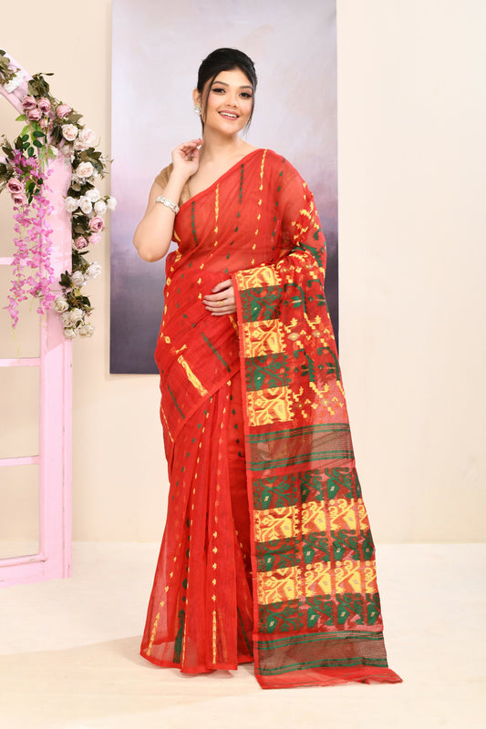 Piyari Fashion Women's Red Embellished Cotton Blend Jamdani Saree