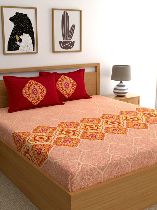Dreamscape Pink Ethnic Motifs 144 TC Cotton 1 Queen Bedsheet with 2 Pillow Covers 
