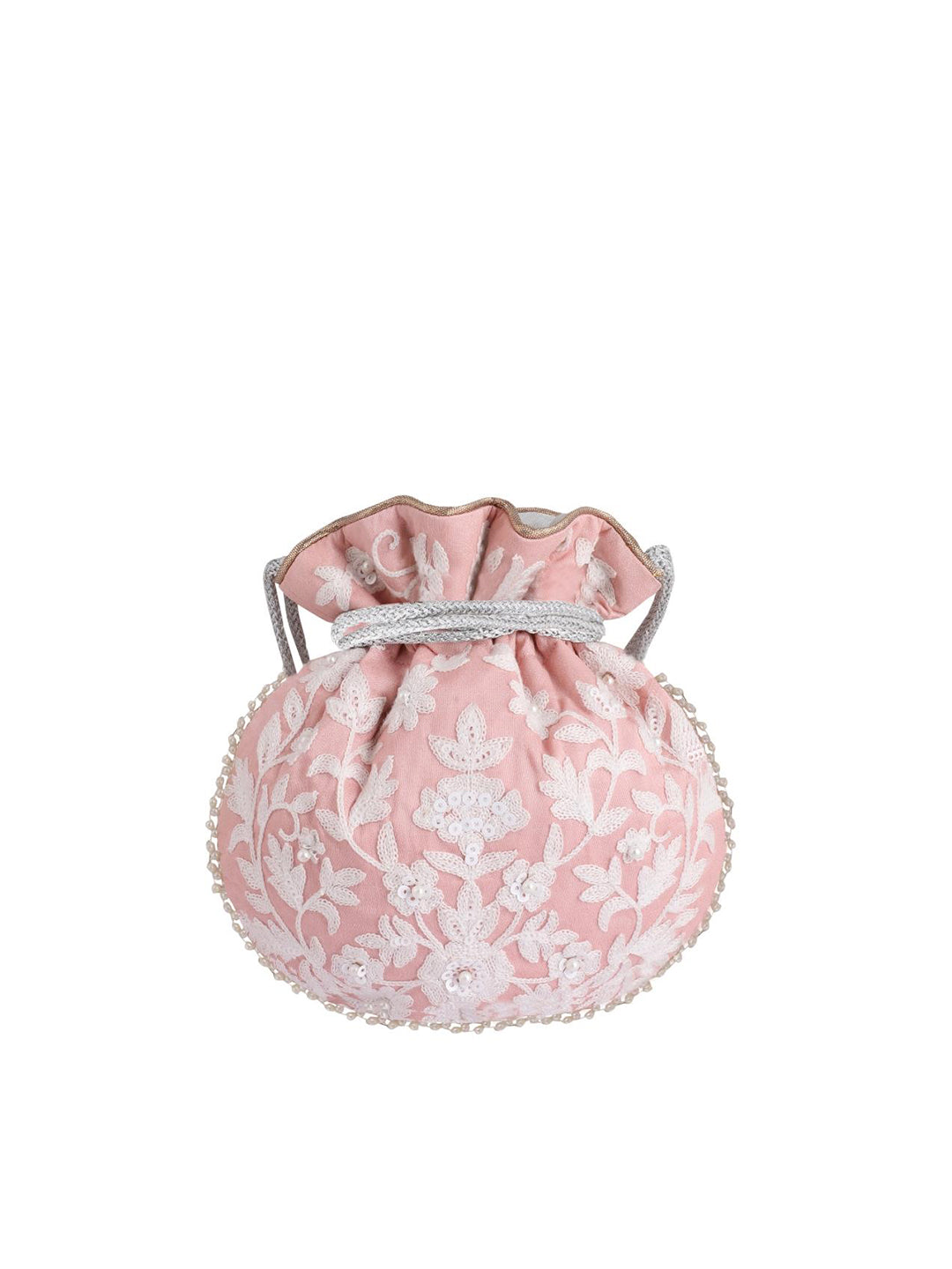 Masq Pink & White Embellished Embroidered Potli Clutch - Grab2buy
