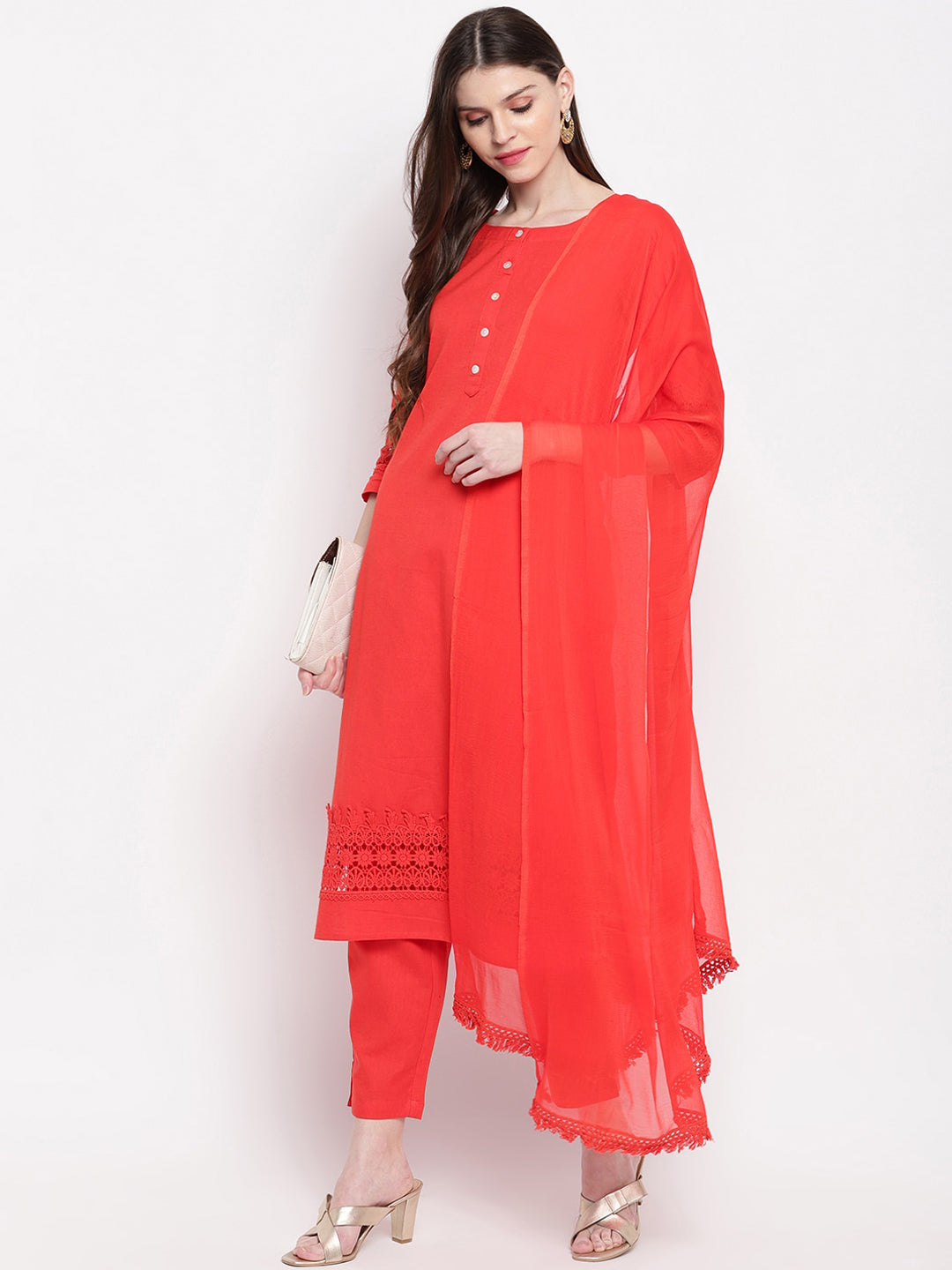Janasya Women Red Solid Kurta with Trousers & Dupatta