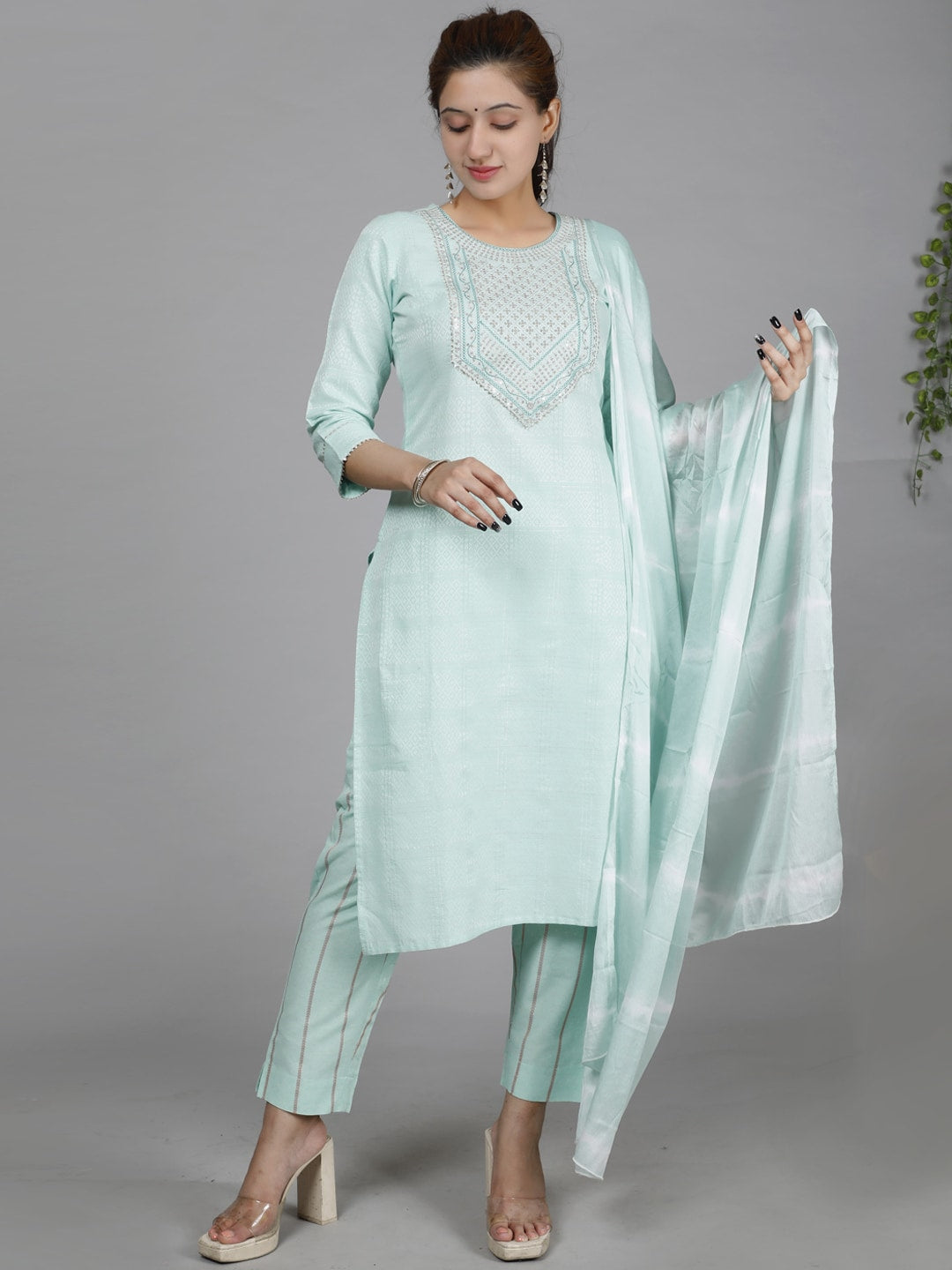 HERE&NOW Green Ethnic Motifs Embroidered Sequined Cotton Kurta Set