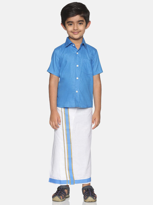 Sethukrishna Boys Blue & White Solid Shirt and Veshti Set