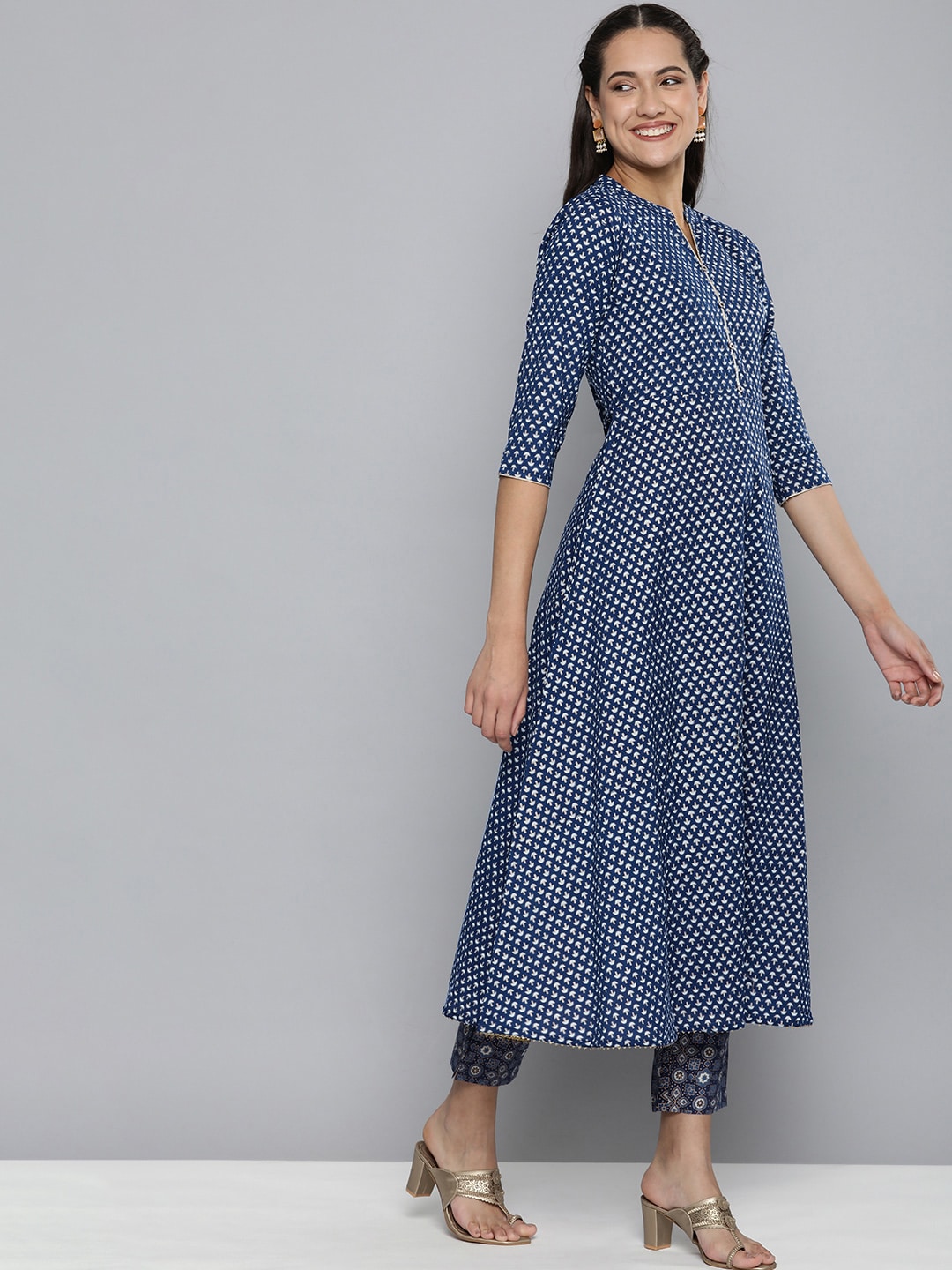 HERE&NOW Women Navy Blue Ethnic Motifs Printed Pure Cotton Kurta with Trousers & With Dupatta