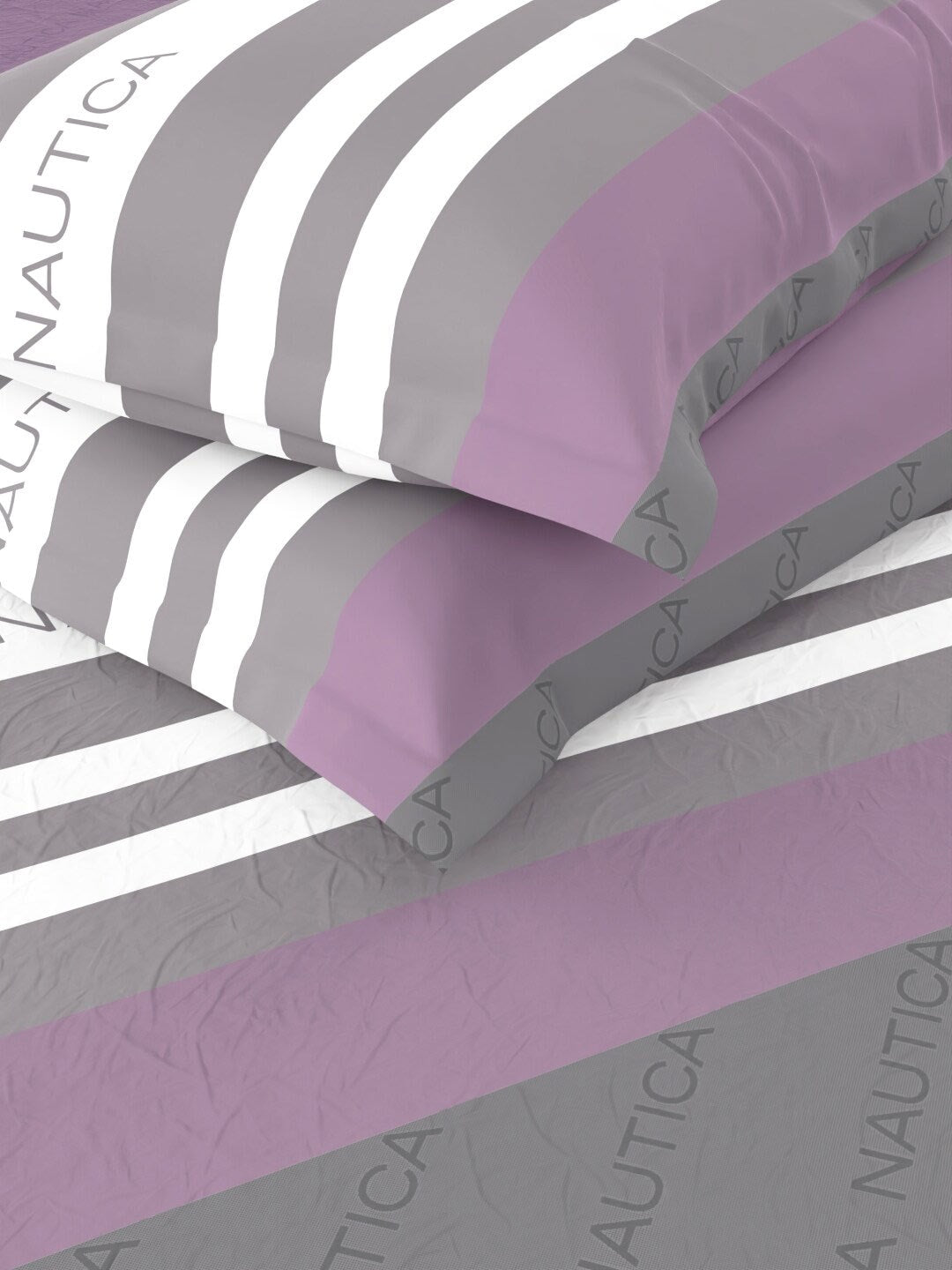 Nautica Bradford Purple & Grey Striped 160 TC Pure Cotton King Bedsheet & 2 Pillow Covers 