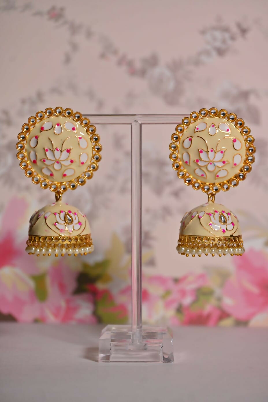 Beige Round Shape Ethnic Meenakari Jhumki Earrings By House of Ree House of Ree