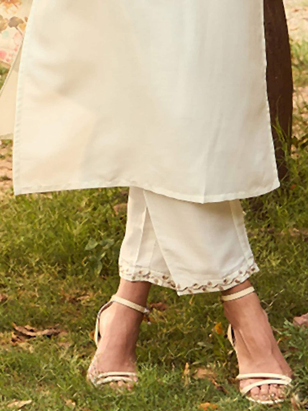 Indo Era White Floral Yoke Design Tie-Up Neck Straight Kurta With Trousers & Dupatta