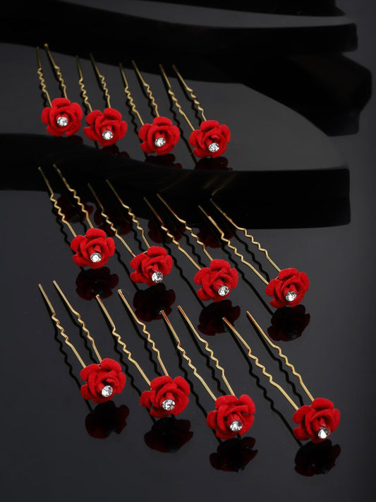 Panash Women Gold-Toned & Red Rose Embellished U Pins - Grab2buy
