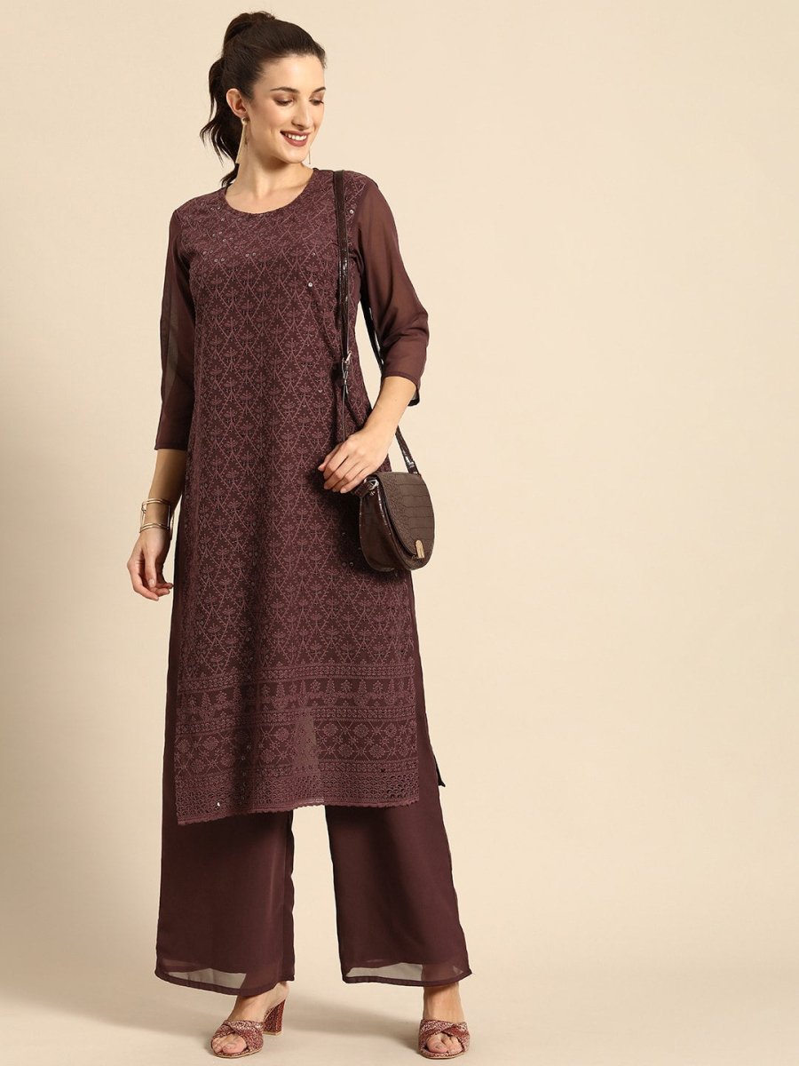 All About You Women Brown Ethnic Motifs Embroidered Regular Chikankari Kurta with Palazzos 