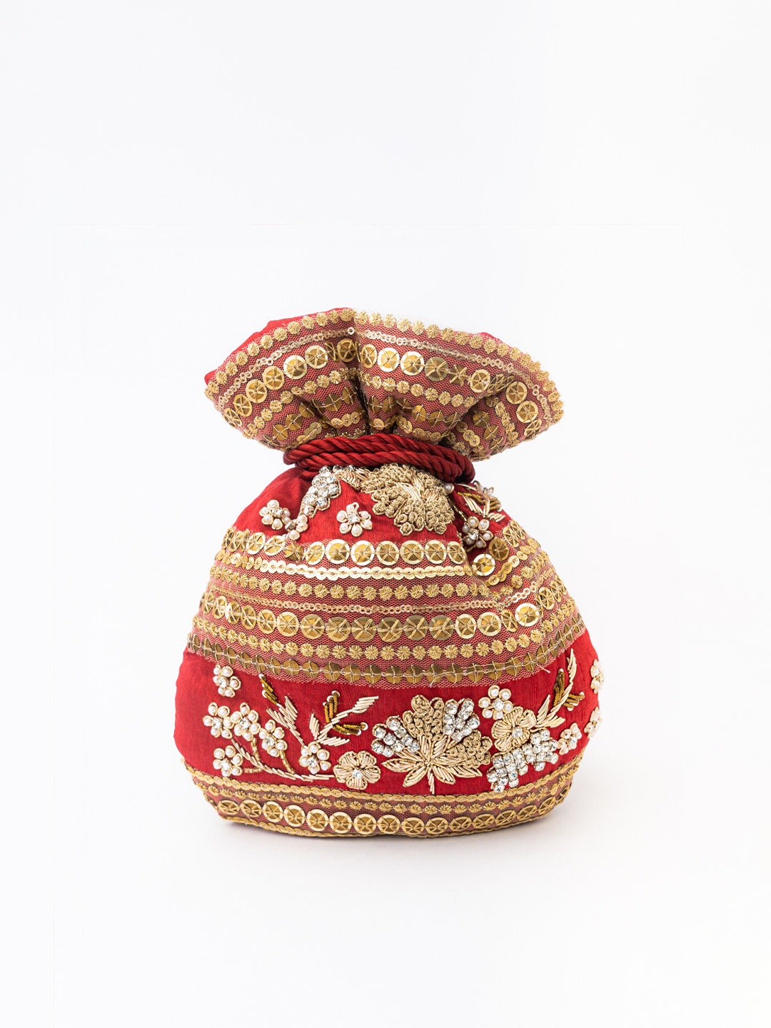 NR By Nidhi Rathi Maroon & Gold-Toned Persia Embroidered Potli Clutch - Grab2buy