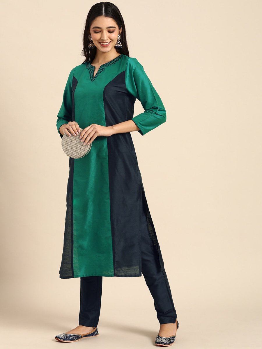 All About You Women Green & Navy Blue Colourblocked Kurta with Trousers