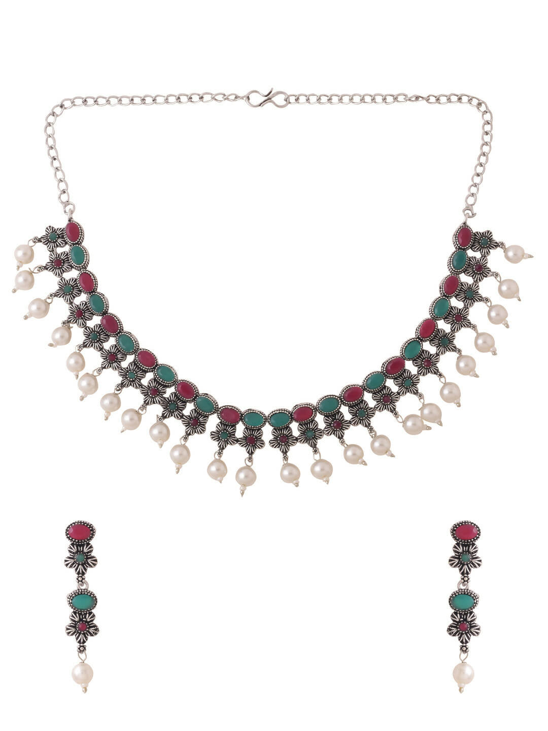 NVR Women Silver-Plated Stone Studded Oxidised Silver Jewellery Set - Grab2buy