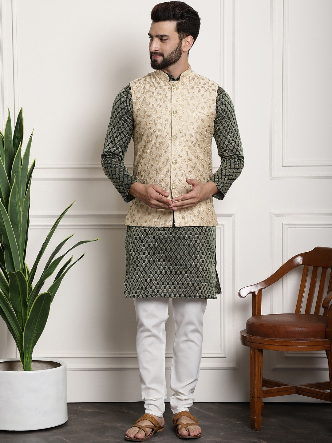 Sojanya Woven Design Mandarin Collar Kurta with Churidar & Nehru Jacket 