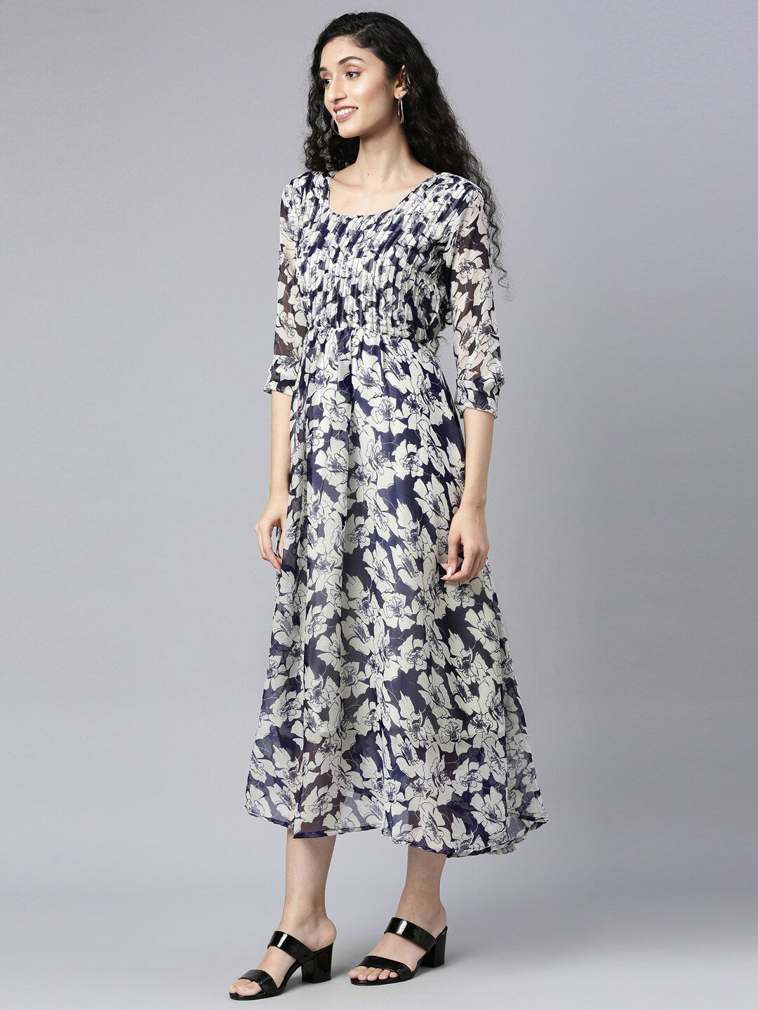 Souchii Floral Printed Chiffon Empire Midi Dress 