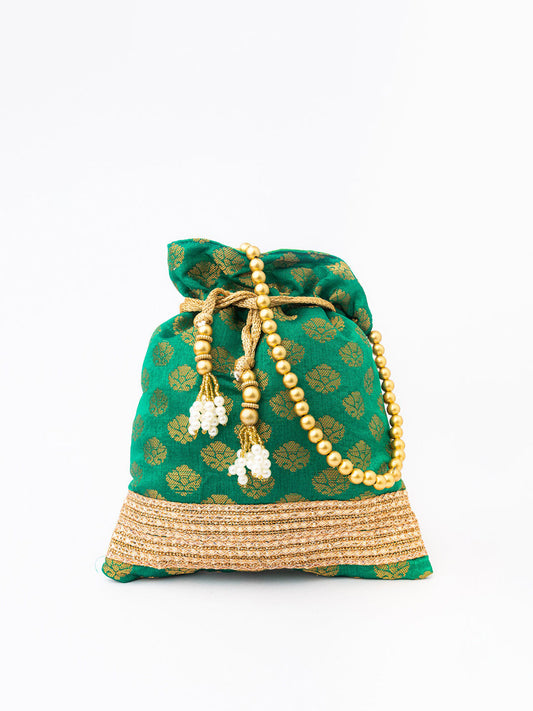 NR By Nidhi Rathi Green & Gold-Toned Banarasi Printed Potli Clutch - Grab2buy