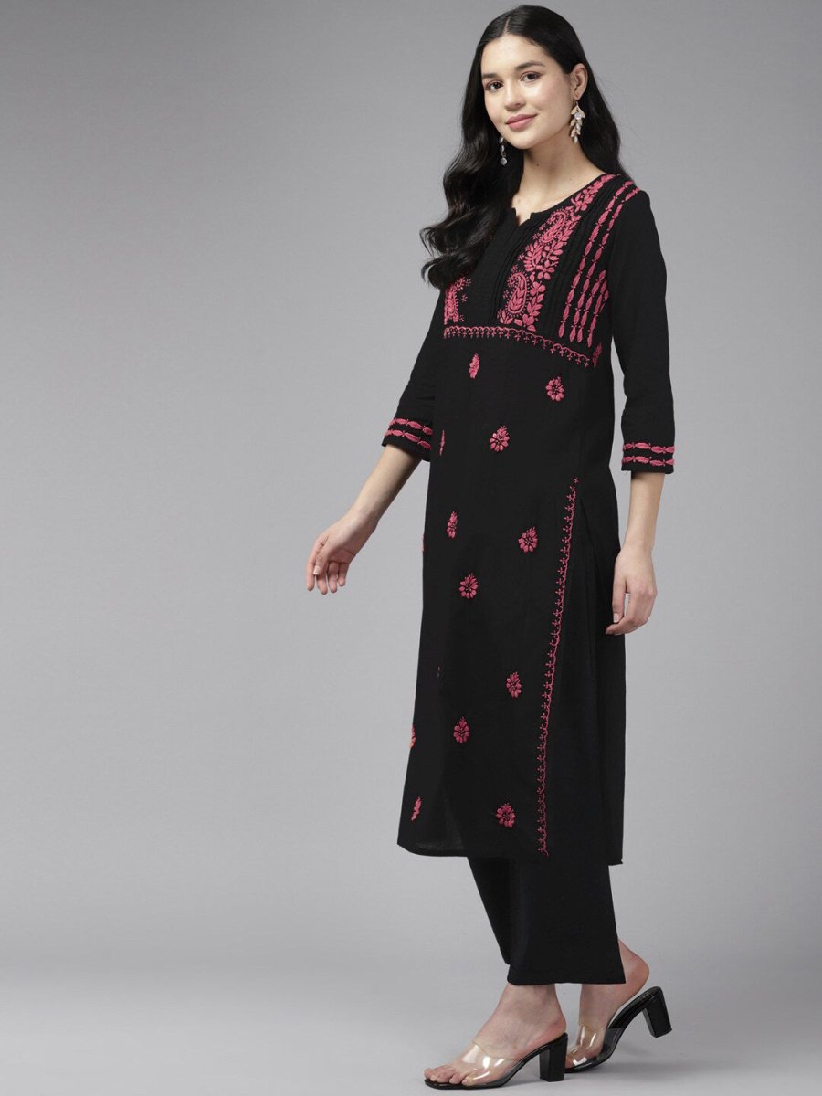 ADA Ethnic Motifs Embroidered Round Neck Chikankari Cotton Kurta 