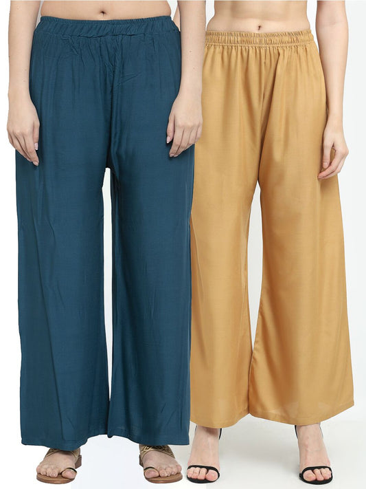 TAG 7 Women Pack of 2 Blue & Beige Solid Wide-Leg Palazzos