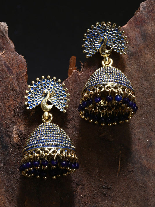 Anikas Creation Gold-Polished & Blue Enamelled Peacock Shaped Jhumkas | Grab2Buy