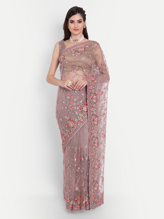 kasee Lavender & Peach-Coloured Floral Embroidered Net Saree