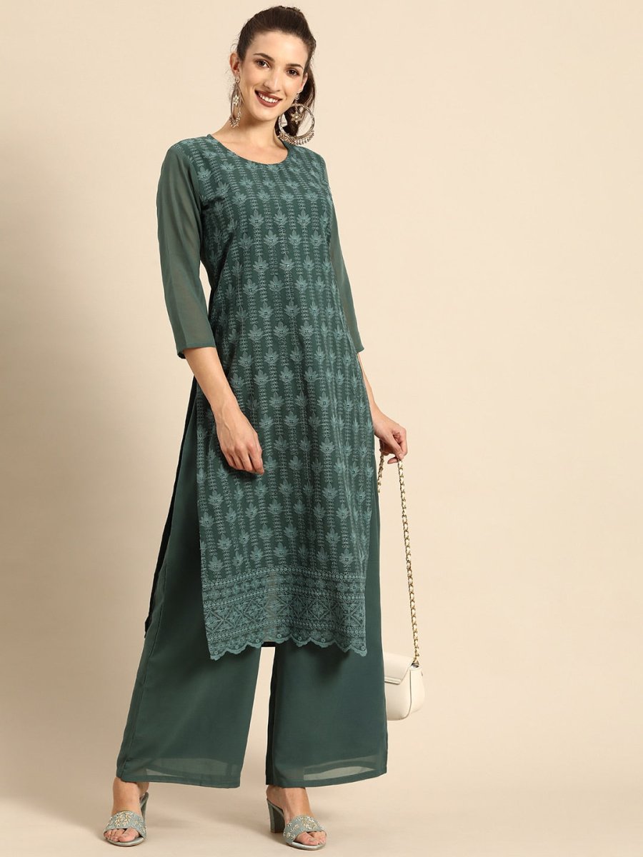 All About You Women Green Ethnic Motifs Embroidered Regular Chikankari Kurta with Palazzos 