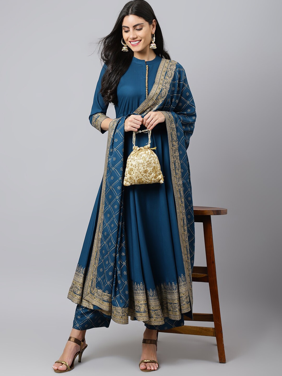 Khushal K Women Blue Ethnic Motifs Empire Kurta with Trousers & With Dupatta - Grab2buy