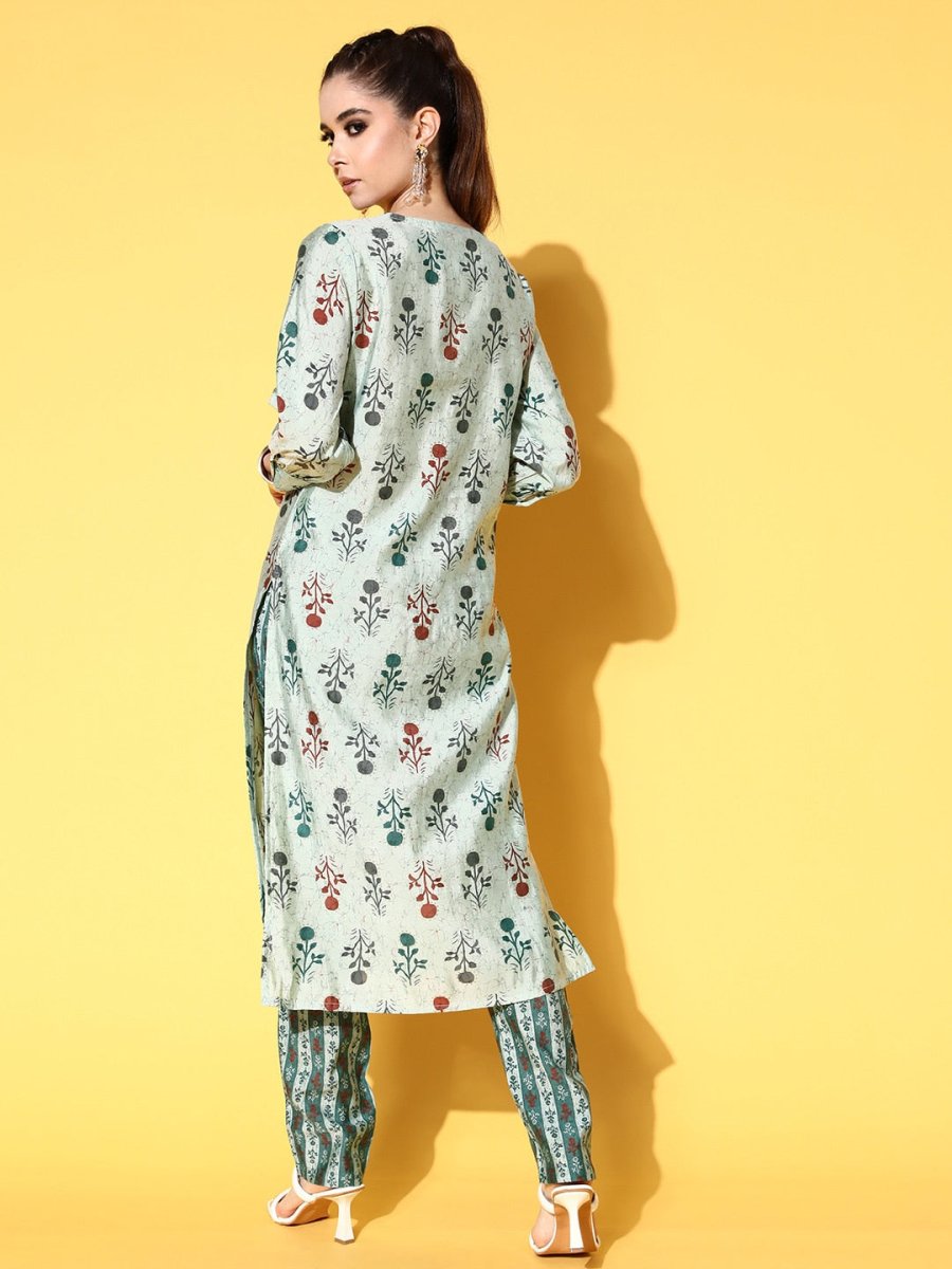 All About You Women Calm Green Ethnic Motifs Print Parade Kurta with Trousers