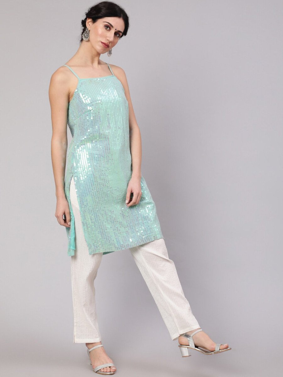 Aks Geometric Embroidered Sequinned Georgette Straight Kurta