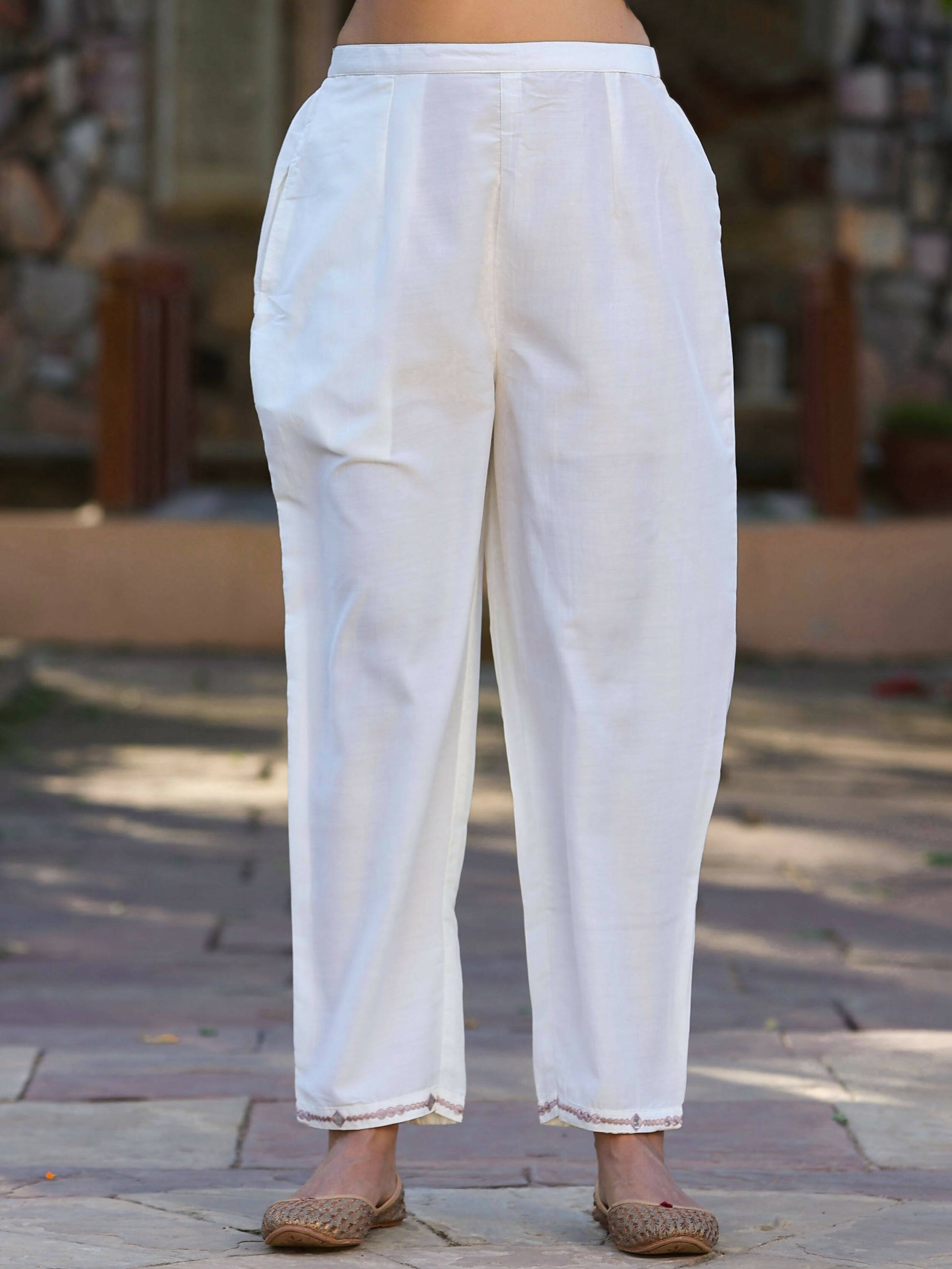 Juniper Women's Off-White Chinnon Embroidered Kurta Pant Dupatta Set