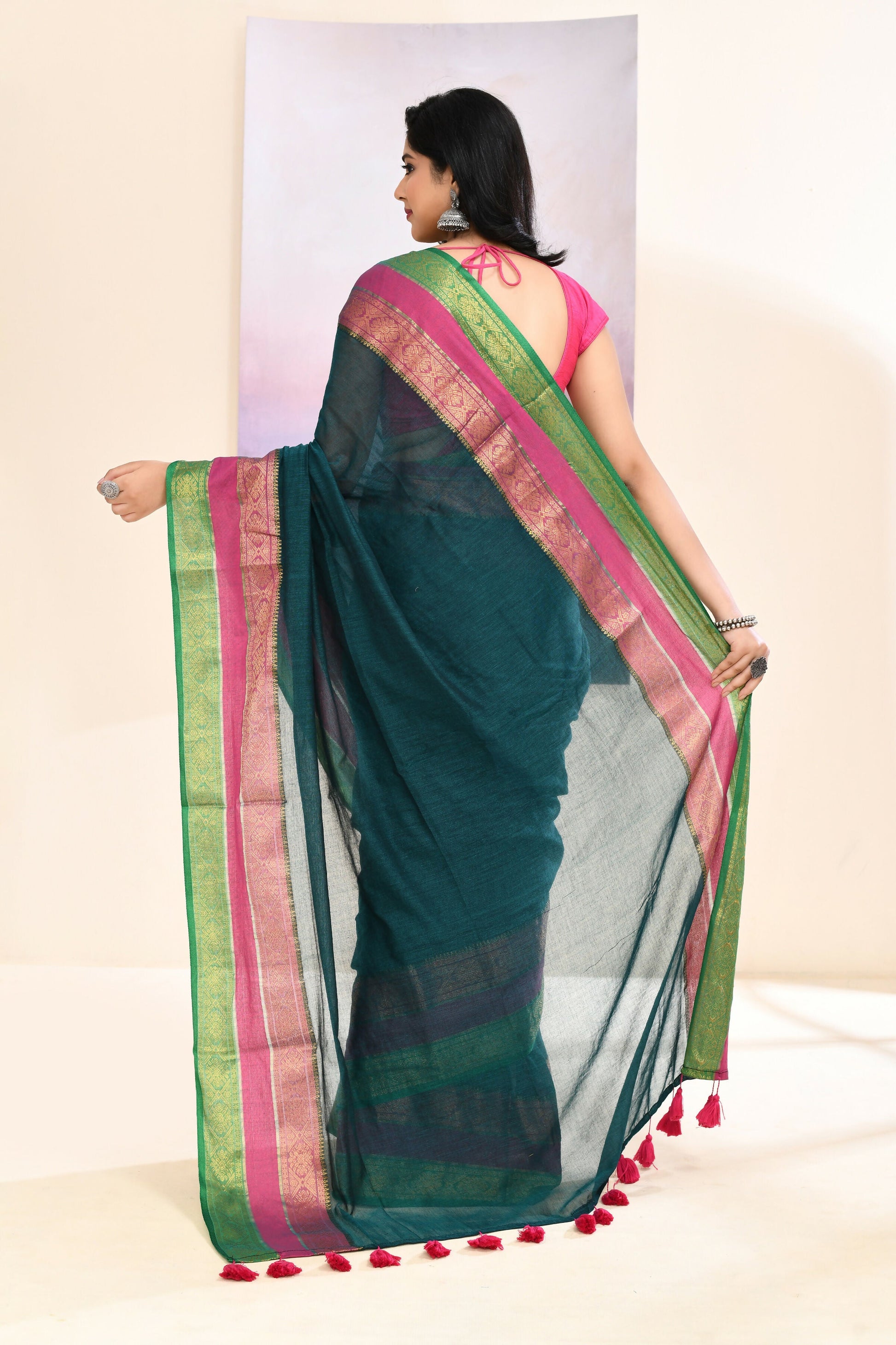 Piyari Fashion Women's Teal Embellished Zari Border Cotton Saree