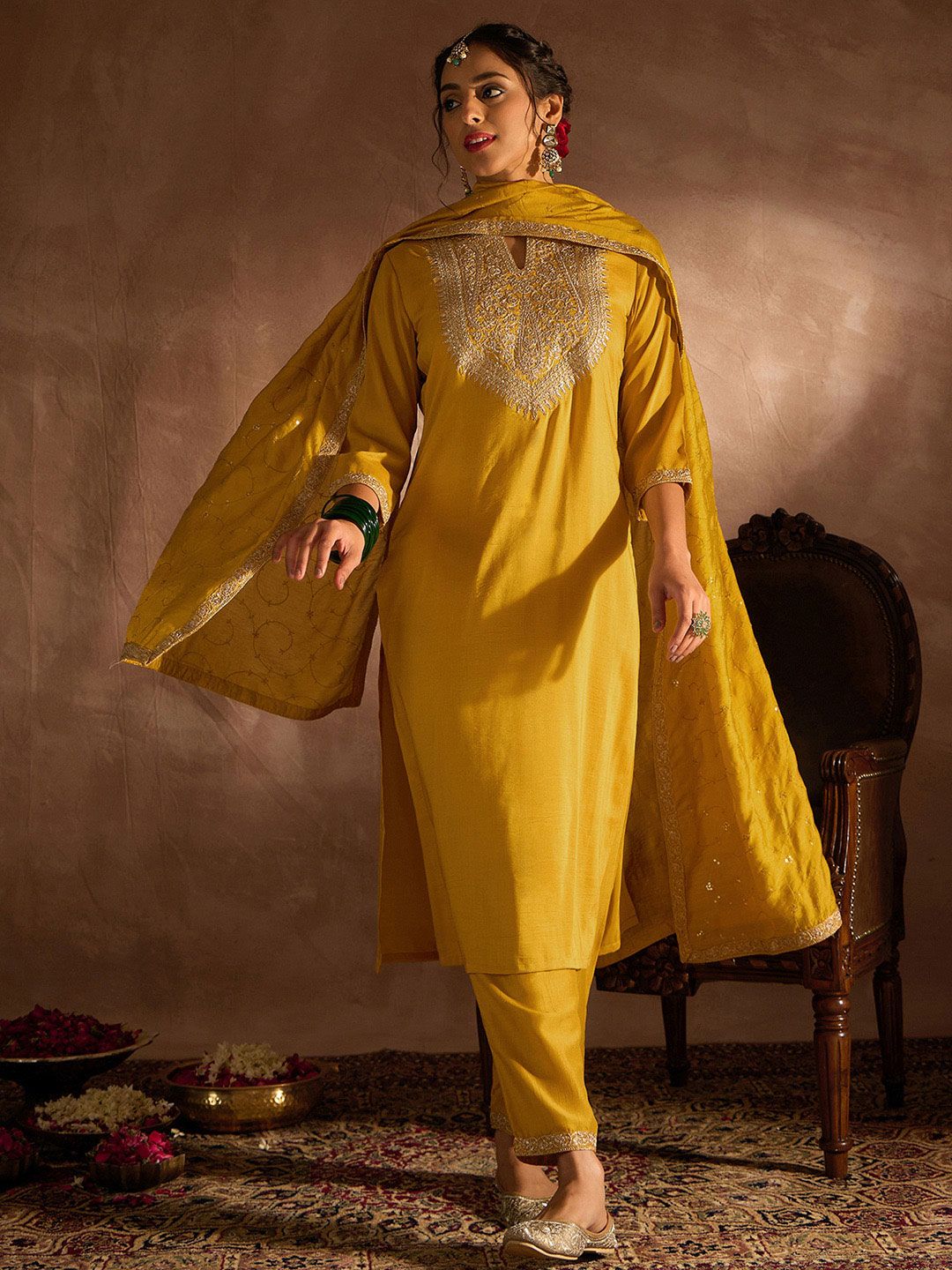 Indo Era Yellow Paisley Embroidered Regular Straight Kurta With Trousers & Dupatta