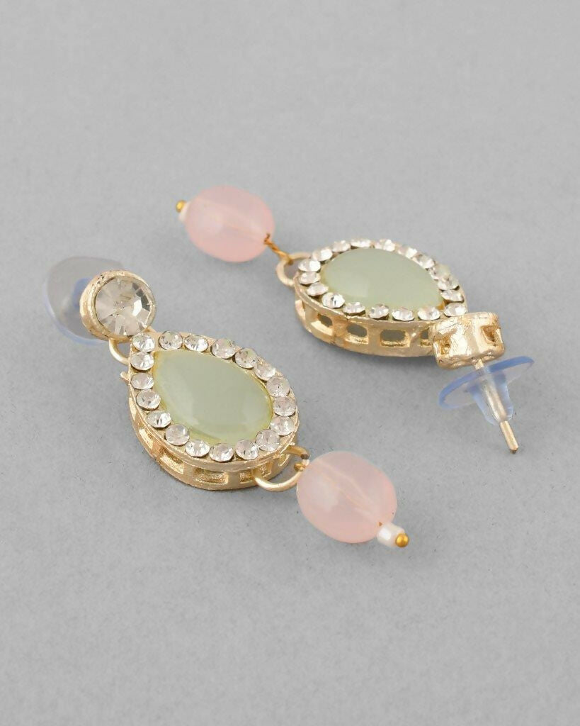 VOJ Gold Plated Nude Pink And Mint Green Stone Studded Jewellery Set With Maang Tikka - Grab2buy