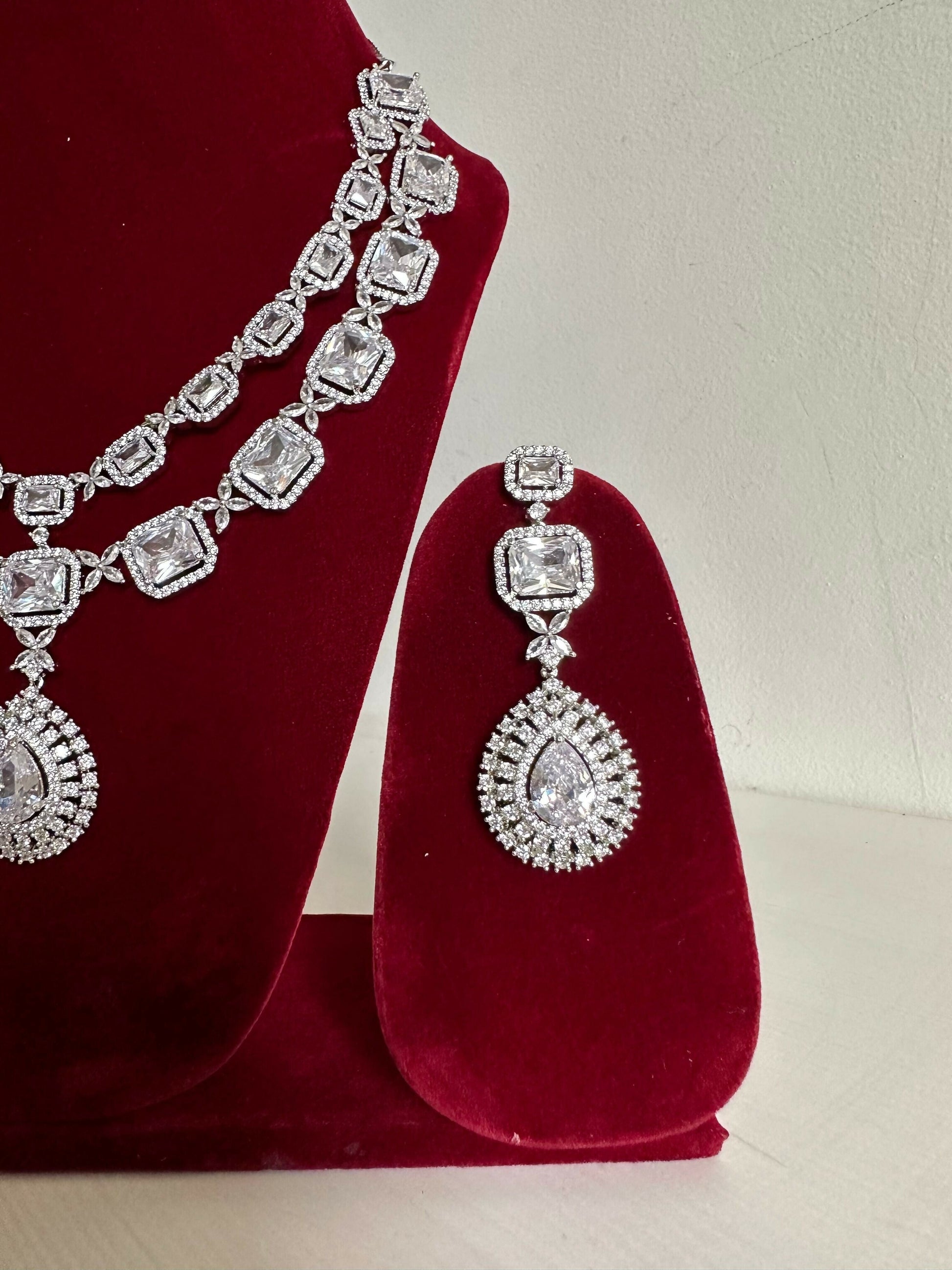 Siver American Diamond Two Layer Elegent Necklace Set With Earrings By House of Ree House of Ree