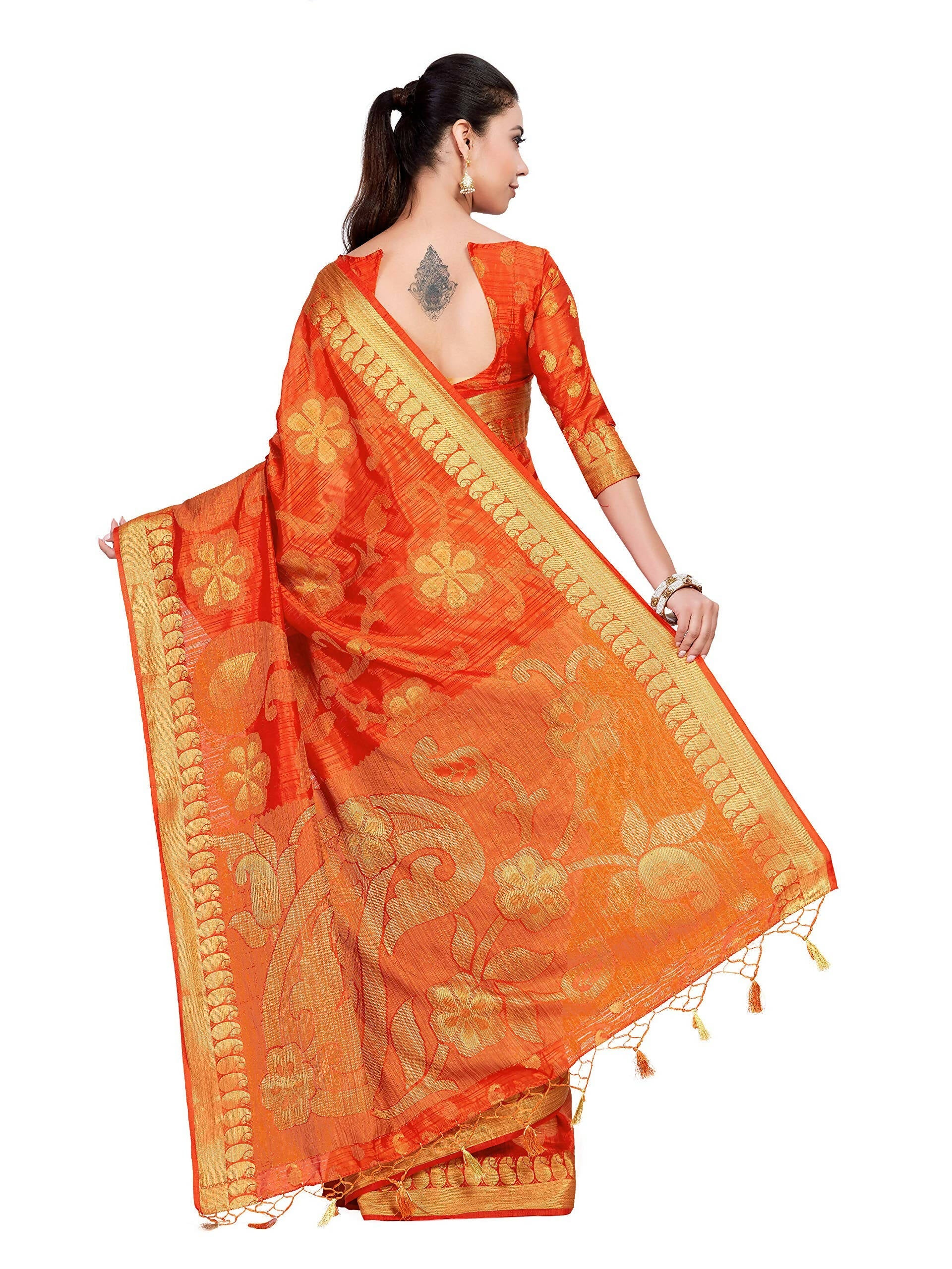 Mimosa Women's Kanchipuram Art Silk Orange Saree