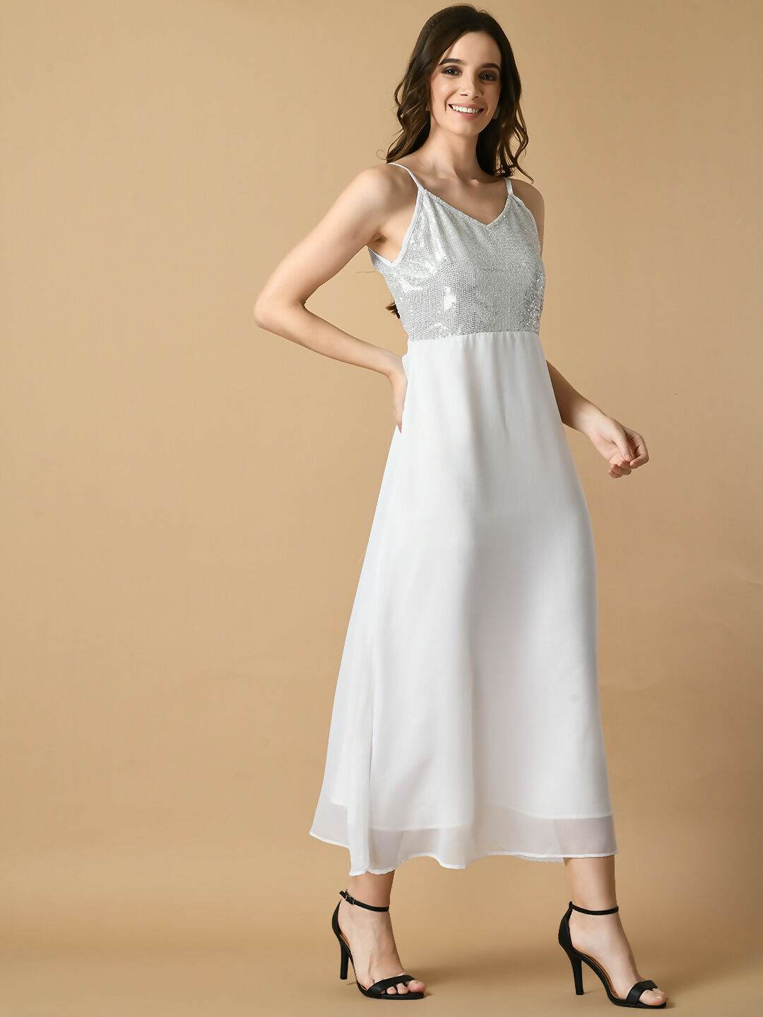 Myshka Women's White Solid Georgette Party Dress