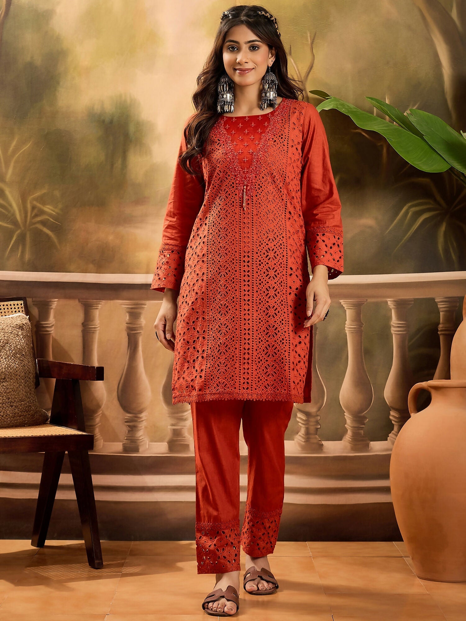 Joban Fashion Embroidery Rust Pure Cotton Cord Set
