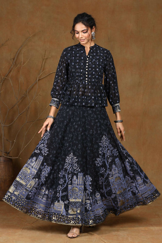 Juniper Women Black Georgette Printed Flared Lehenga Choli Sets - Grab2buy