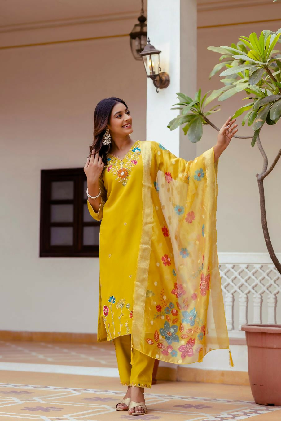 The52 Yellow Women's Gorgeous Embroidered work Viscose Gadhwal Fabric Straight Kurta, Pant and Dupatta Set | Grab2Buy