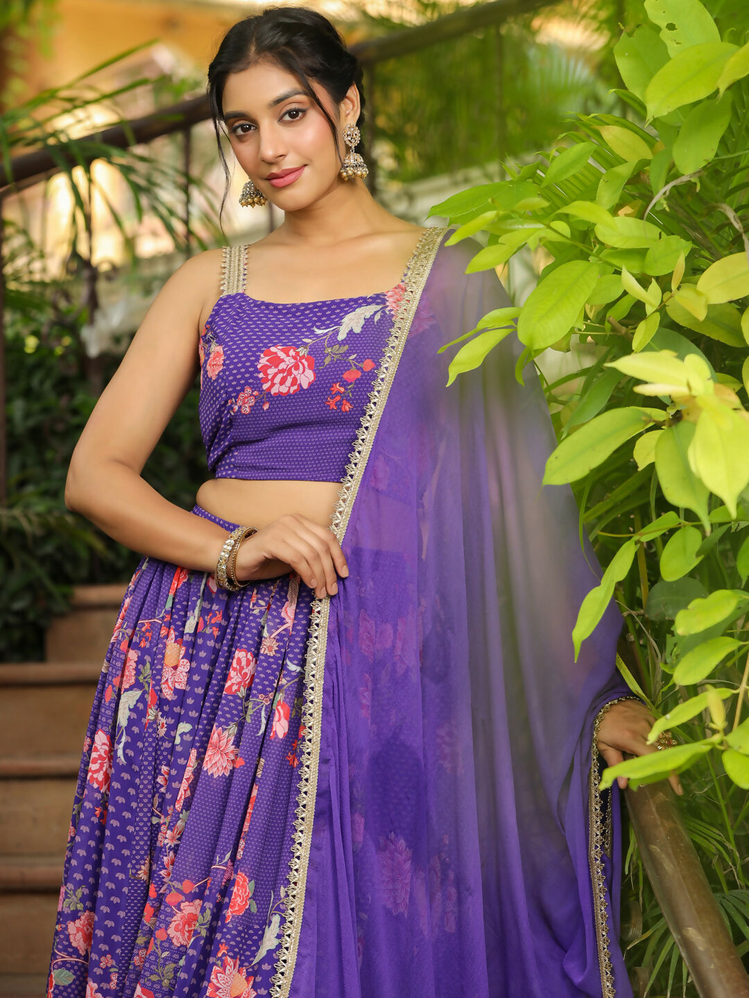 Janasya Purple Georgette Floral Lehenga Choli Dupatta 
