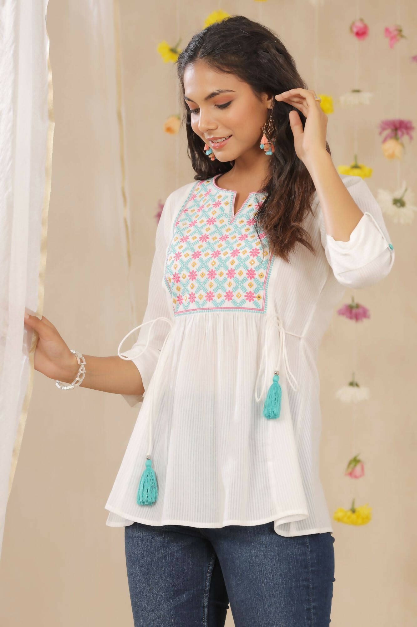 Juniper Women White Cotton Dobby Embroidered A-Line Tunic